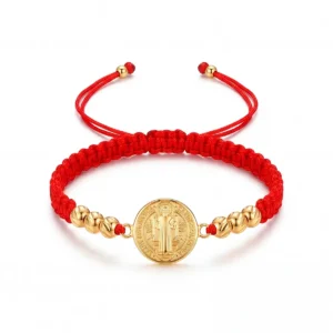 Pulsera San Benito roja unisex en oro laminado con tejido ajustable en nailon