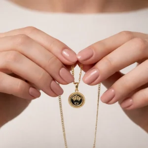 Cadena GC diamantada en oro amarillo con dije Rolex redondo, diseño elegante y acabado brillante.