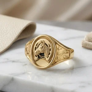 Anillo dorado con figura de caballo en relieve sobre base de mármol claro, joya masculina premium de Luxor SM Joyería en Santa Marta.
