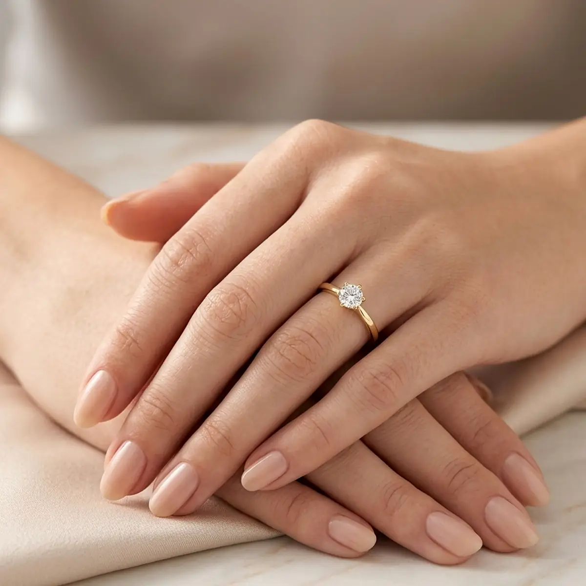 Anillo solitario dorado con piedra central sobre mano femenina elegante, joya de compromiso de Luxor SM Joyería en Santa Marta.
