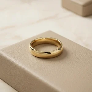 Anillo liso dorado tipo argolla sobre base beige de joyería premium, disponible en Luxor SM Joyería Santa Marta.