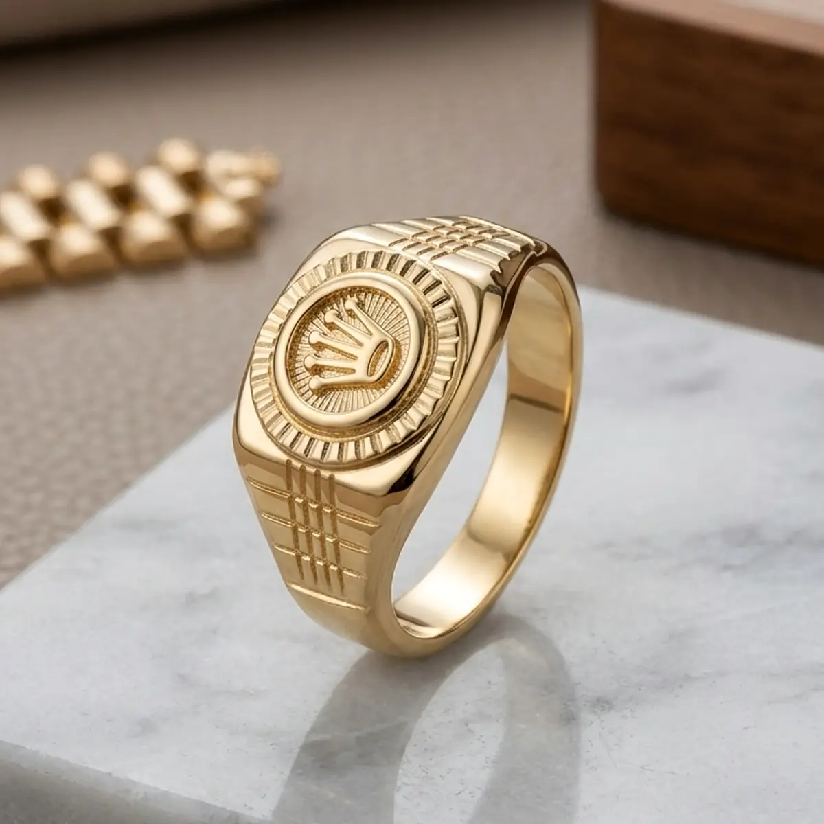 Anillo masculino dorado con corona grabada sobre base clara de joyería premium, disponible en Luxor SM Joyería Santa Marta.